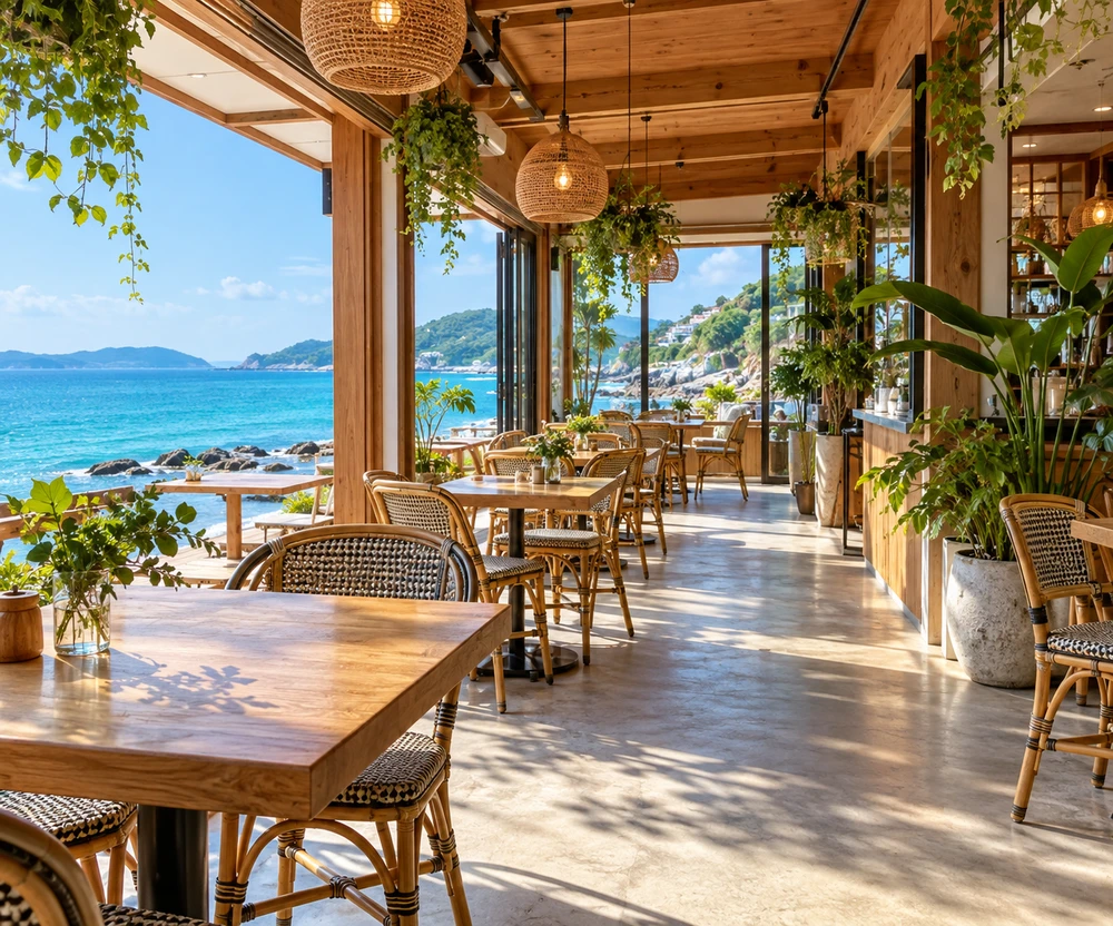 木の家具と緑に囲まれた、海の見える明るいカフェ店内