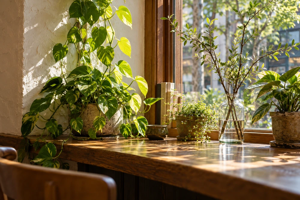 窓辺を彩る観葉植物と季節の枝もの